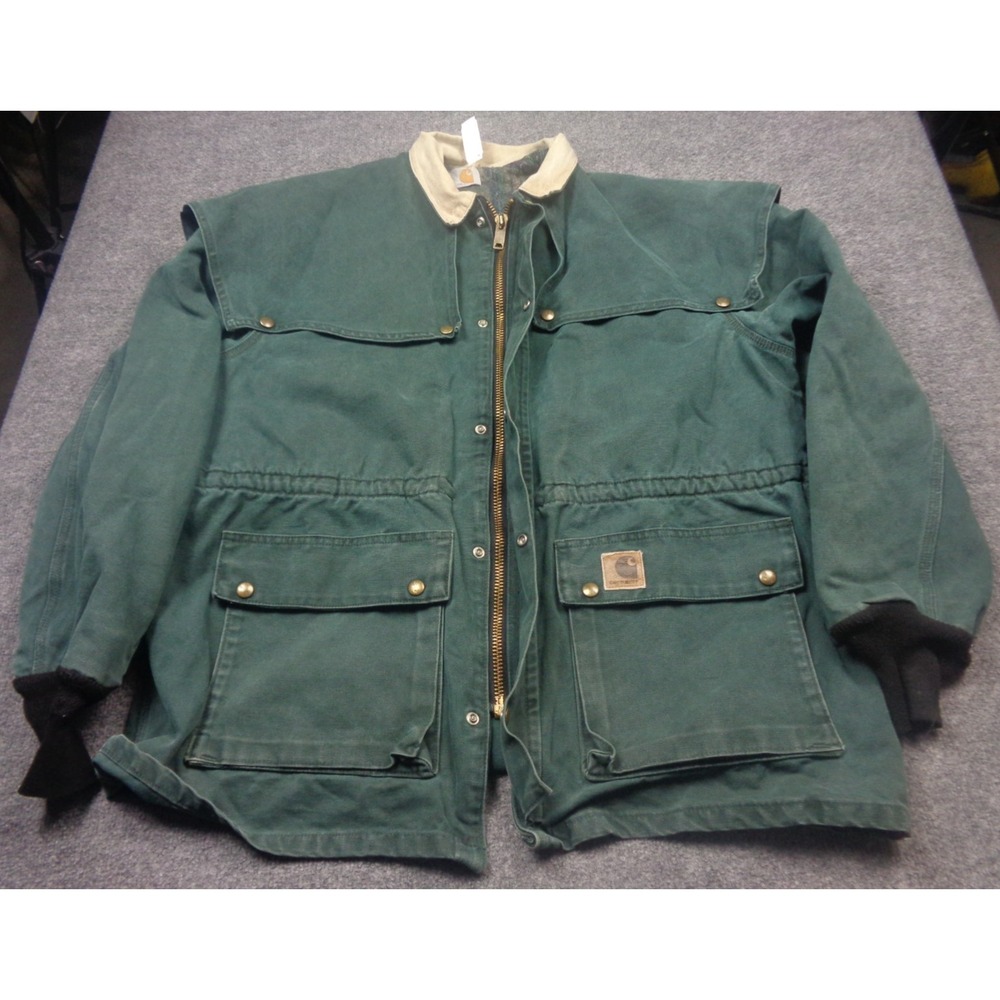 VTG Carhartt Chore Jacket Mens Green Blanket Lined Cape Duster 90s‎ USA CW043